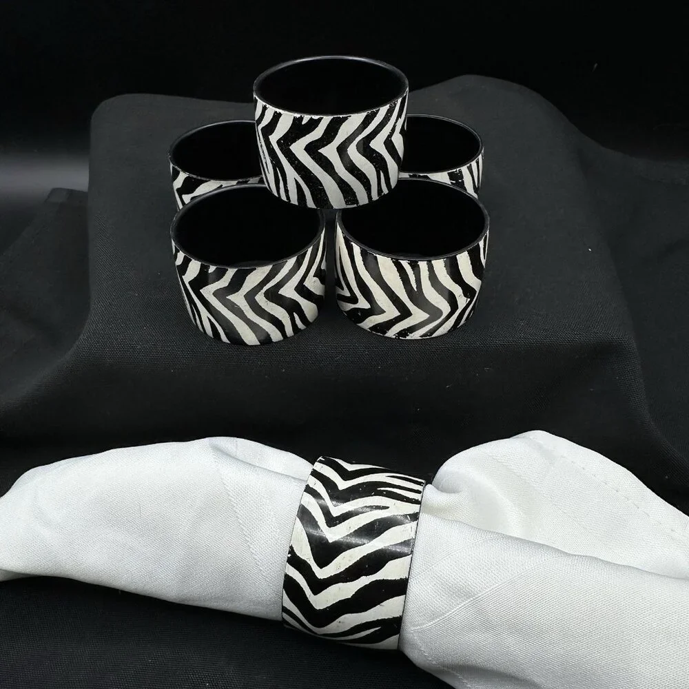Black White Zebra Print Napkin Rings Set Of 6 Animal Pattern Table Decor Vintage